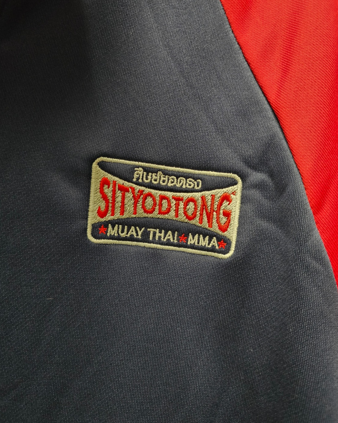 Sweatshirt - Blue & Red Zip Up Hoodie with Embroidered Patch