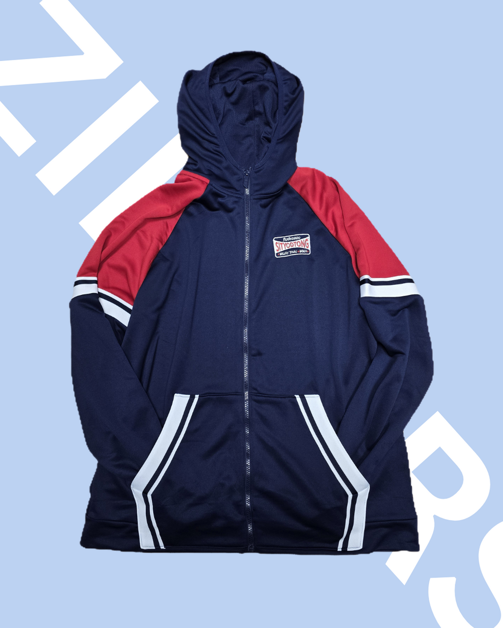 Sweatshirt - Blue & Red Zip Up Hoodie with Embroidered Patch