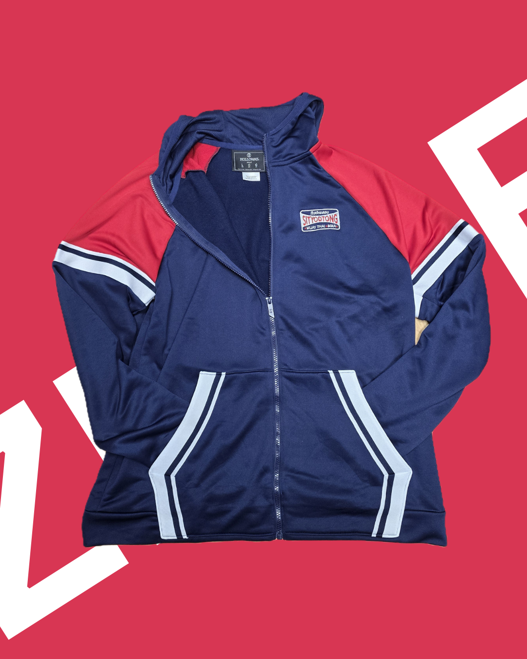 Sweatshirt - Blue & Red Zip Up Hoodie with Embroidered Patch
